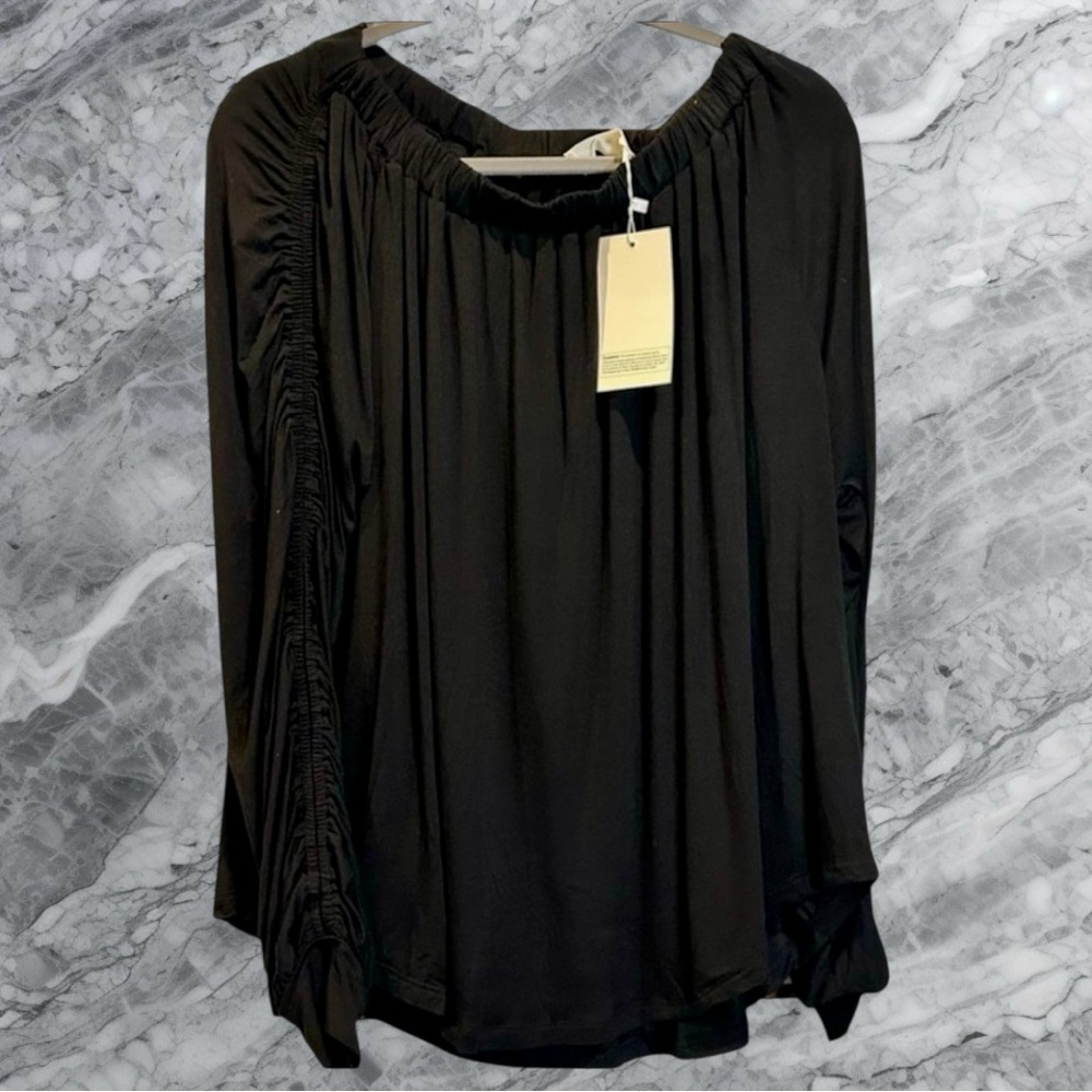 Boat Neck Off-Shoulder Long Sleeve Shirred Detailed Blouse | Black